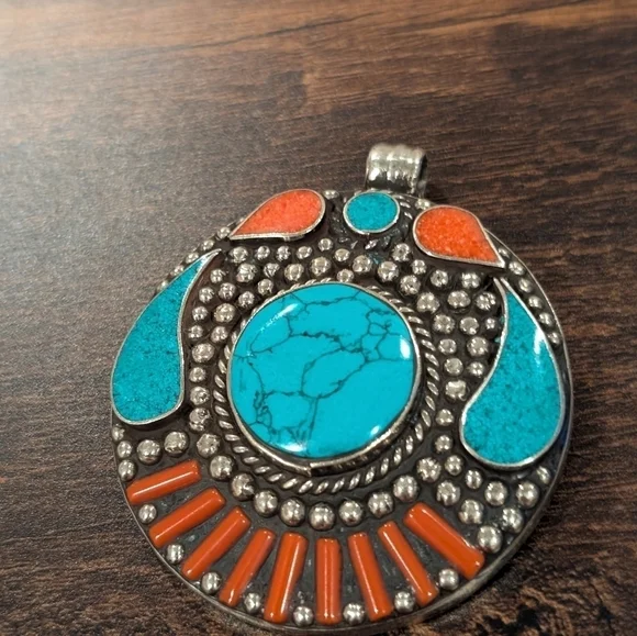 Turquoise and Coral Tibetan Silver Pendant - Picture 3 of 5